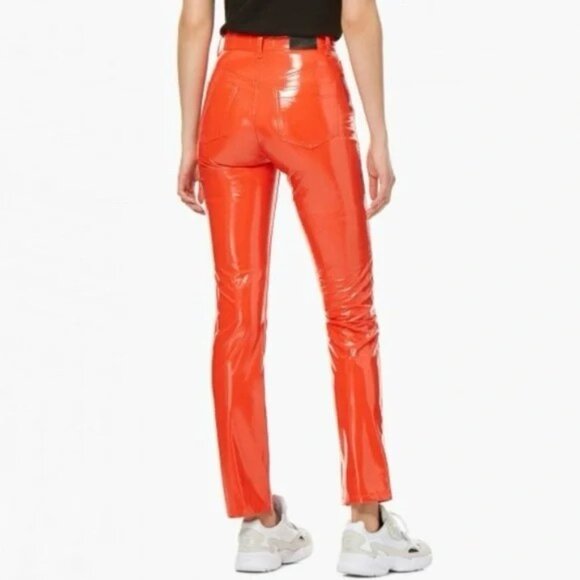 FIORUCCI Yves Orange Cigarette Vinyl High Rise Slim Straight Pants, Size 28 - Picture 2 of 15
